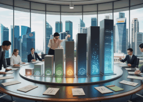 Boardroom with tiered 3D brainstorming methods, diverse professionals, Singapore skyline.