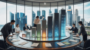 Boardroom with tiered 3D brainstorming methods, diverse professionals, Singapore skyline.