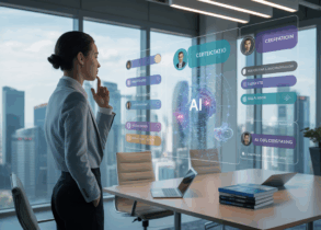 Business leader in Singapore office views holographic AI credentials display.