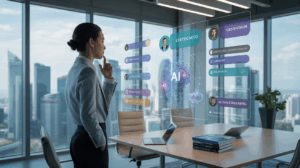 Business leader in Singapore office views holographic AI credentials display.