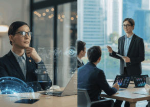 Business leader with AI data, leading team in modern Singapore office.