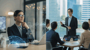 Business leader with AI data, leading team in modern Singapore office.