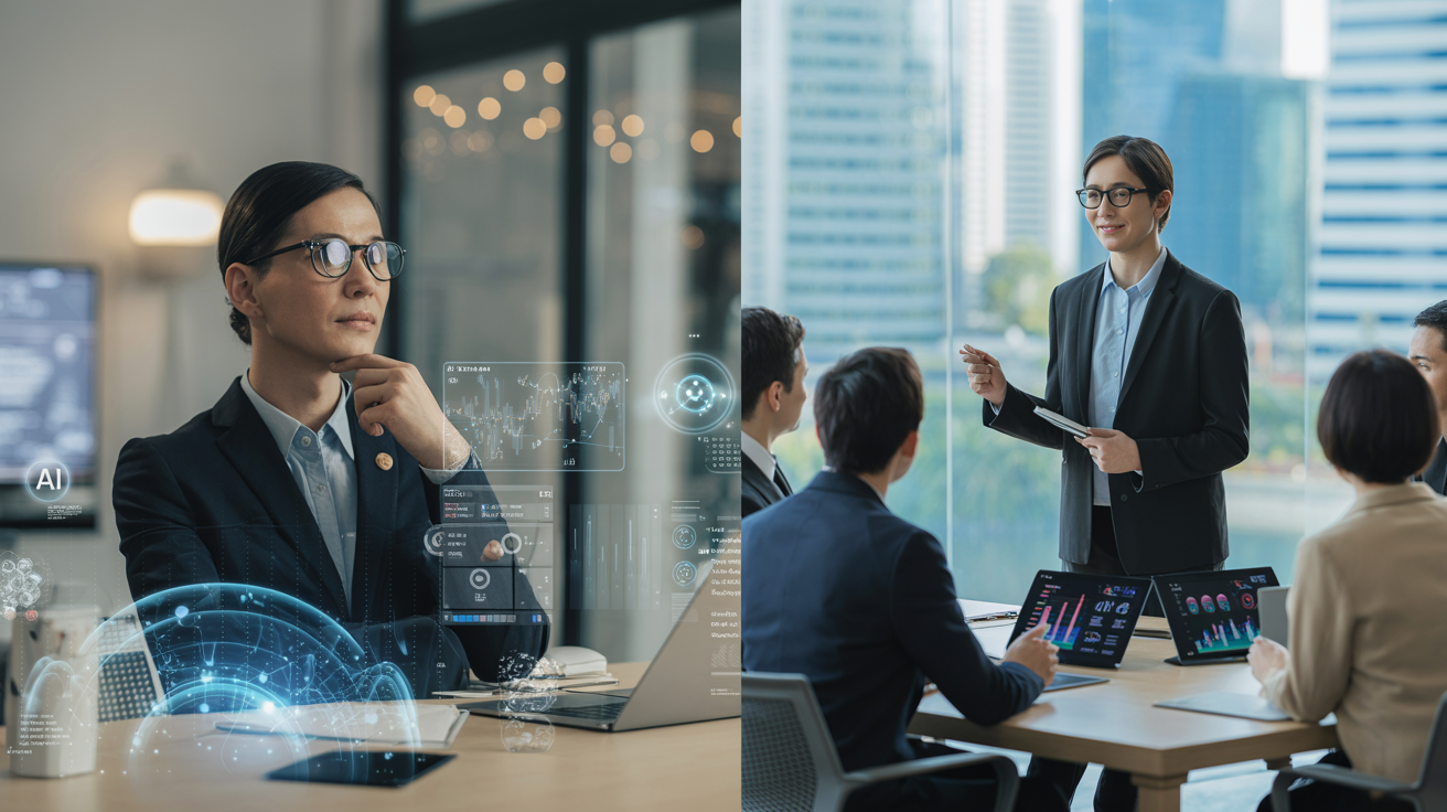 Business leader with AI data, leading team in modern Singapore office.