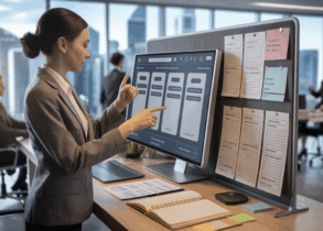 Businesswoman engages with AI on touchscreen, Singapore skyline, organized workspace.