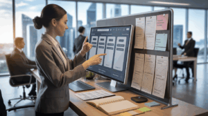 Businesswoman engages with AI on touchscreen, Singapore skyline, organized workspace.