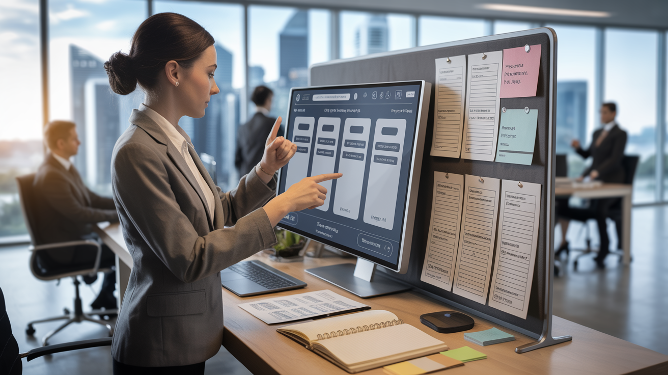Businesswoman engages with AI on touchscreen, Singapore skyline, organized workspace.