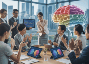 Corporate training room with diverse group learning emotional intelligence using digital tablets.