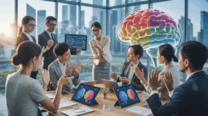 Corporate training room with diverse group learning emotional intelligence using digital tablets.