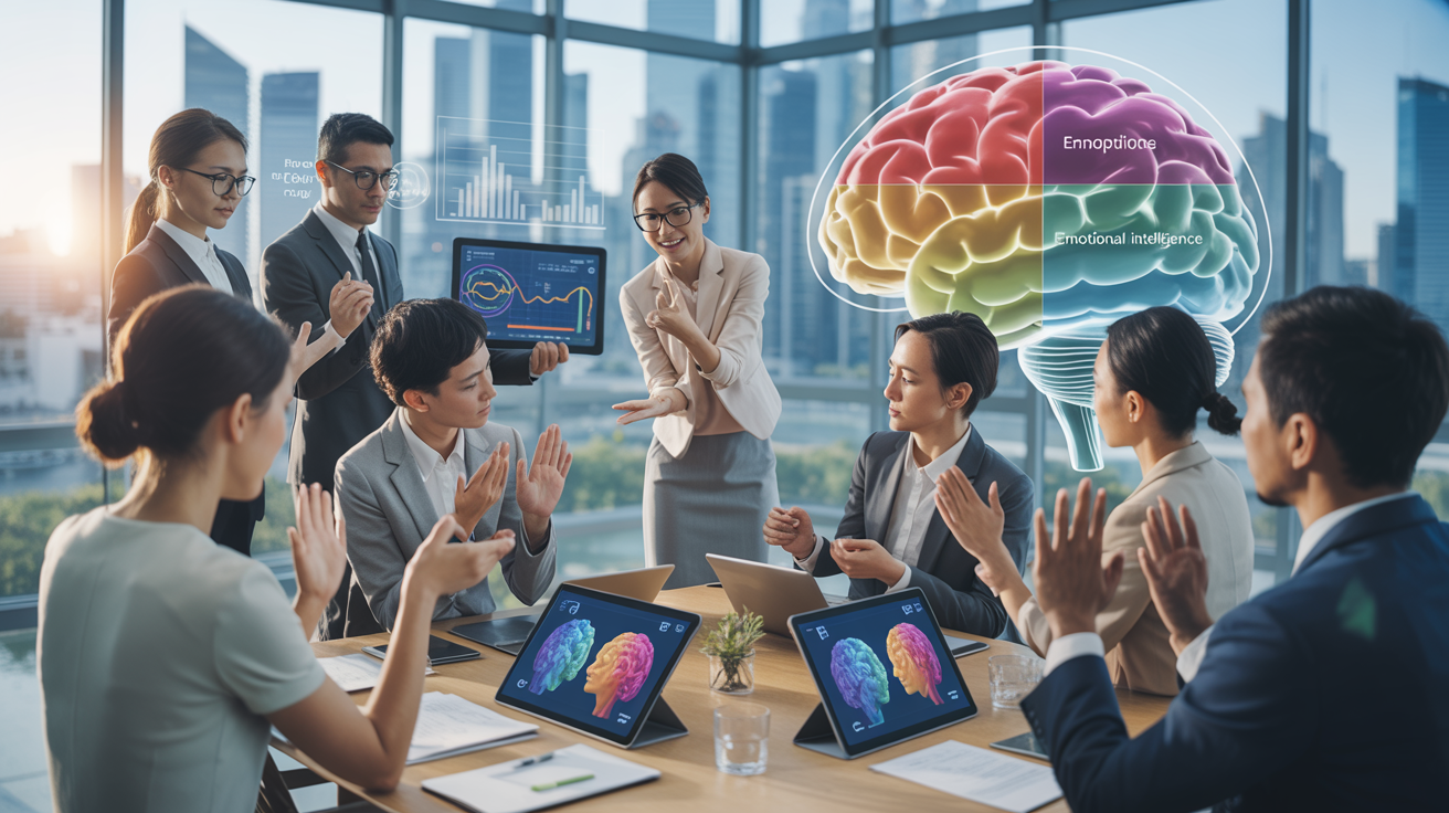Corporate training room with diverse group learning emotional intelligence using digital tablets.