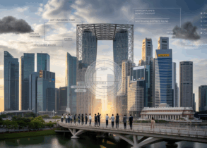 Dawn over Singapore with a glass skyscraper and diverse team collaborating on glowing blueprint.