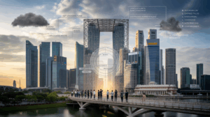 Dawn over Singapore with a glass skyscraper and diverse team collaborating on glowing blueprint.
