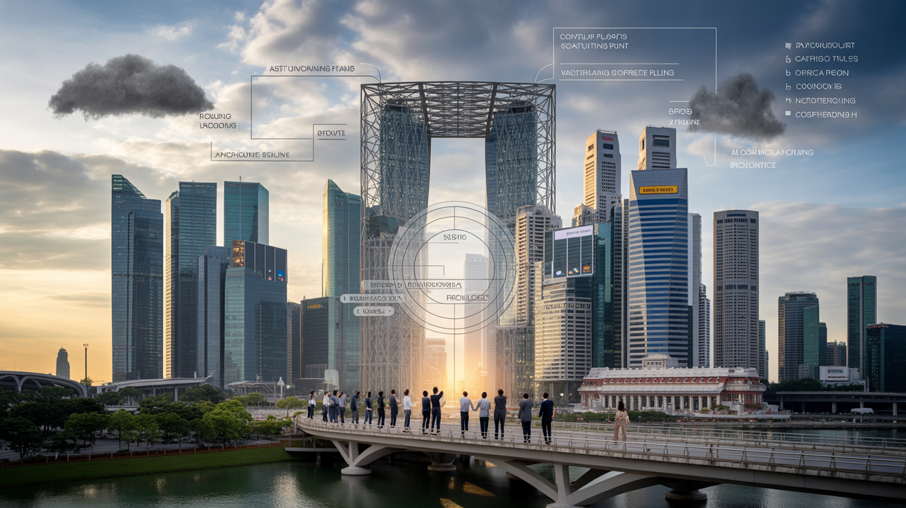 Dawn over Singapore with a glass skyscraper and diverse team collaborating on glowing blueprint.