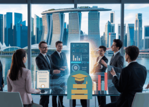 Diverse business leaders in formal attire around a holographic AI in a modern Singapore office.