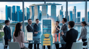 Diverse business leaders in formal attire around a holographic AI in a modern Singapore office.