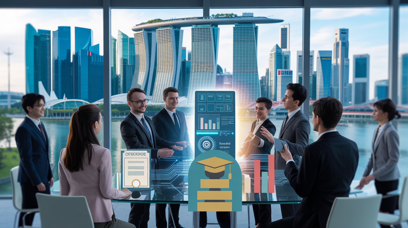 Diverse business leaders in formal attire around a holographic AI in a modern Singapore office.