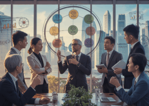 Diverse leaders in Singapore boardroom, discussing emotional intelligence tools.