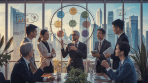 Diverse leaders in Singapore boardroom, discussing emotional intelligence tools.