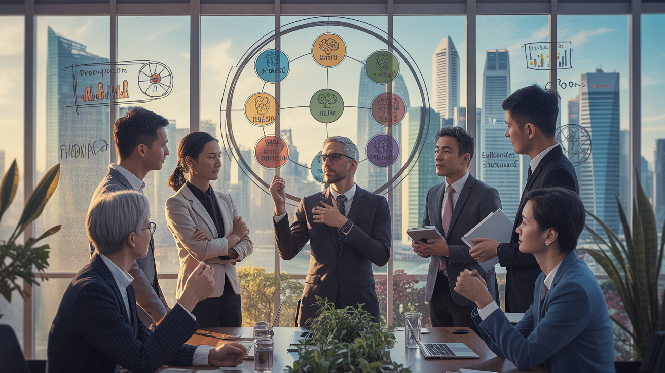 Diverse leaders in Singapore boardroom, discussing emotional intelligence tools.