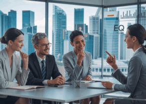 Diverse panel interviews confident candidate in modern Singapore office with skyline view.