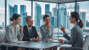 Diverse panel interviews confident candidate in modern Singapore office with skyline view.