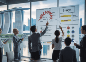 Diverse professionals analyze interactive diagram in modern Singapore office.
