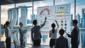 Diverse professionals analyze interactive diagram in modern Singapore office.