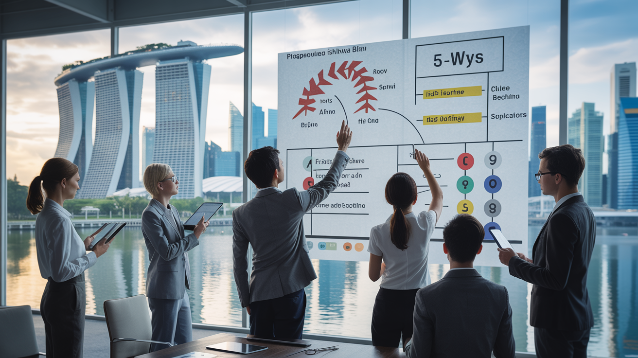 Diverse professionals analyze interactive diagram in modern Singapore office.