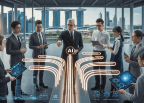 Diverse professionals at AI platform in sleek Singapore center with cityscape views.
