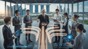 Diverse professionals at AI platform in sleek Singapore center with cityscape views.