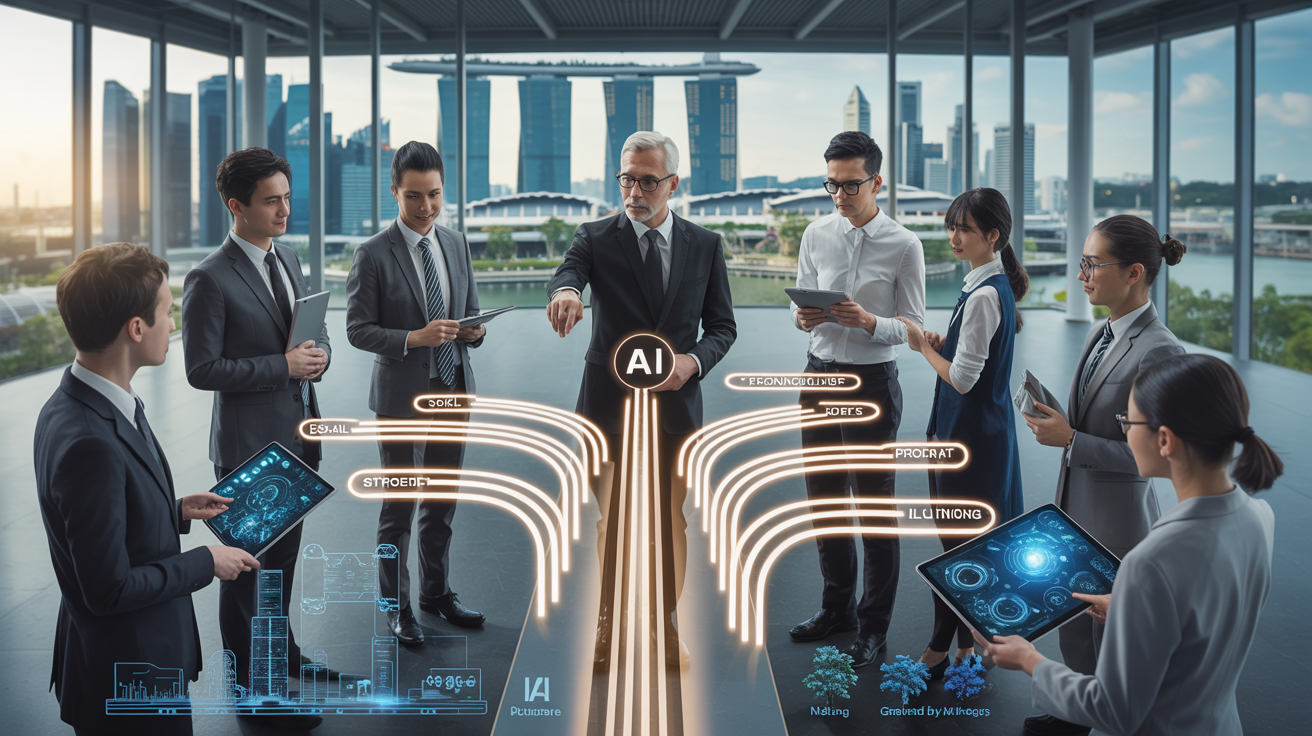 Diverse professionals at AI platform in sleek Singapore center with cityscape views.