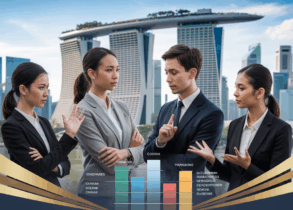Diverse professionals demonstrating emotional intelligence with Singapore skyline backdrop.