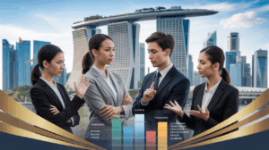 Diverse professionals demonstrating emotional intelligence with Singapore skyline backdrop.