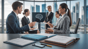 Diverse professionals in a modern Singapore office engage in an emotional intelligence workshop.