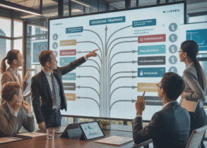 Diverse professionals in a Singapore boardroom analyze a digital decision tree diagram.