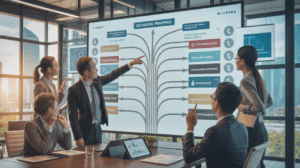 Diverse professionals in a Singapore boardroom analyze a digital decision tree diagram.