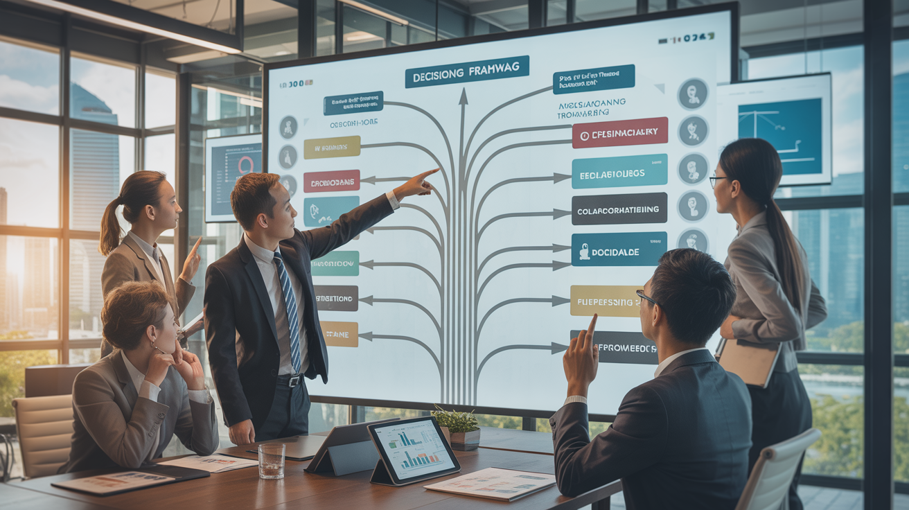 Diverse professionals in a Singapore boardroom analyze a digital decision tree diagram.
