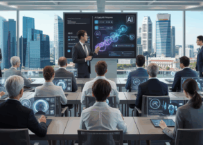 Diverse professionals in a Singapore classroom using holographic AI tools.