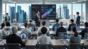 Diverse professionals in a Singapore classroom using holographic AI tools.