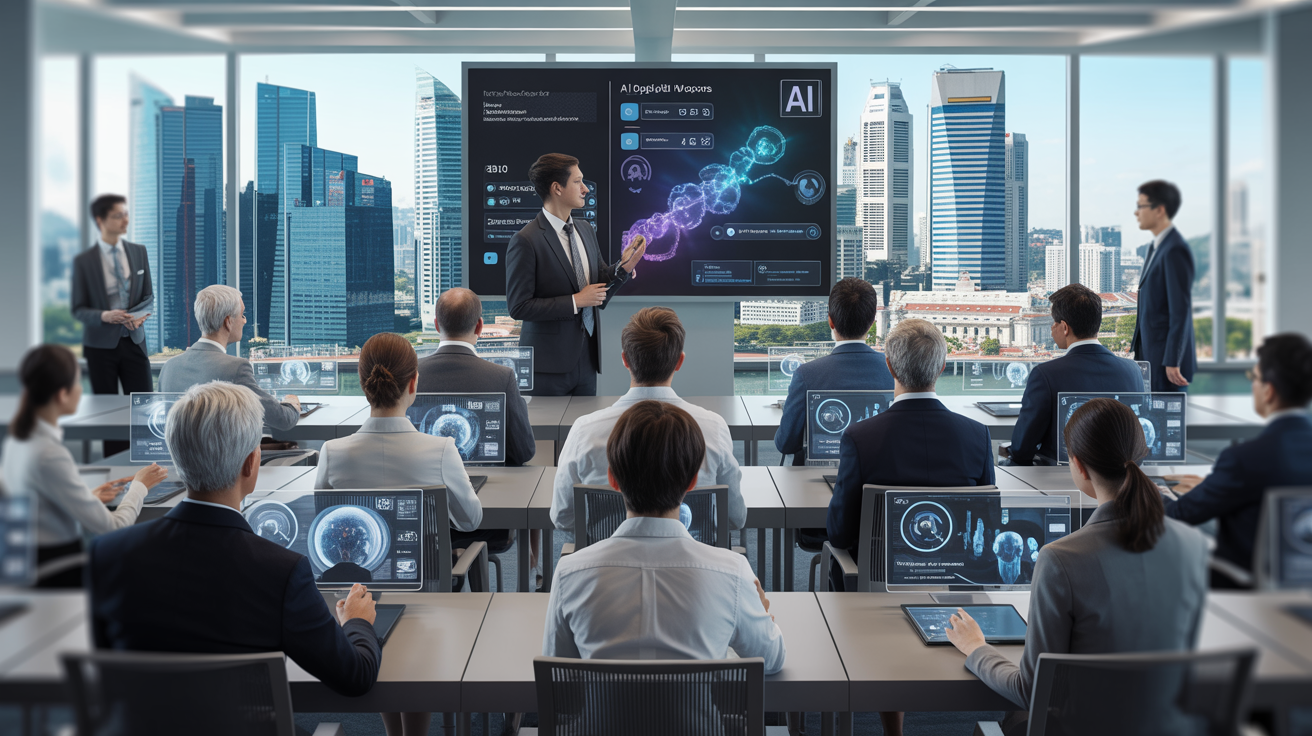 Diverse professionals in a Singapore classroom using holographic AI tools.