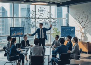 Diverse professionals in a Singapore office collaborate around a glass table with digital displays.