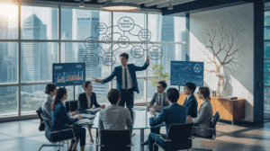 Diverse professionals in a Singapore office collaborate around a glass table with digital displays.