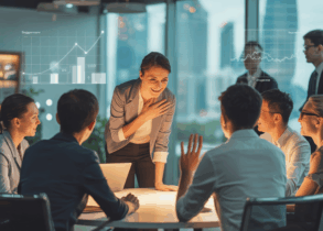 Diverse professionals in a Singapore office, female leader listens intently, with city skyline view.
