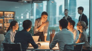 Diverse professionals in a Singapore office, female leader listens intently, with city skyline view.