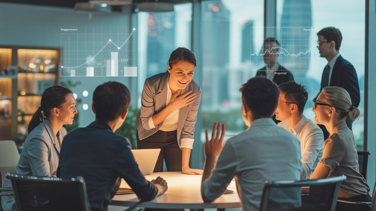 Diverse professionals in a Singapore office, female leader listens intently, with city skyline view.