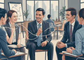 Diverse professionals in empathy exercise, modern Asian decor, Singapore skyline view.