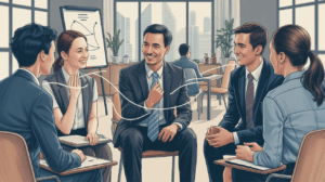 Diverse professionals in empathy exercise, modern Asian decor, Singapore skyline view.