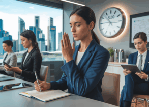 Diverse professionals in mindful reflection, modern room, Singapore skyline view.