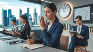 Diverse professionals in mindful reflection, modern room, Singapore skyline view.