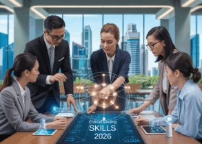 Diverse Singapore professionals planning with digital display and holograms in modern room.