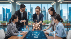 Diverse Singapore professionals planning with digital display and holograms in modern room.